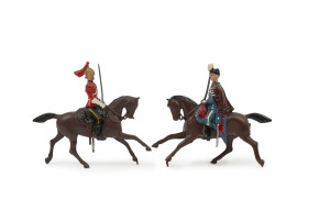 BRITAINS: - 54mm Hollow Cast Lead - Assorted Military Figures Mounted on Horseback: dressed in late 19th/early 20th era uniforms comprising Bengal Lancers (5), Danish Cavalryman (7), Dragoon Guards (8), Egyptian Cavalryman (1), Uruguayan Cavalryman (3); m