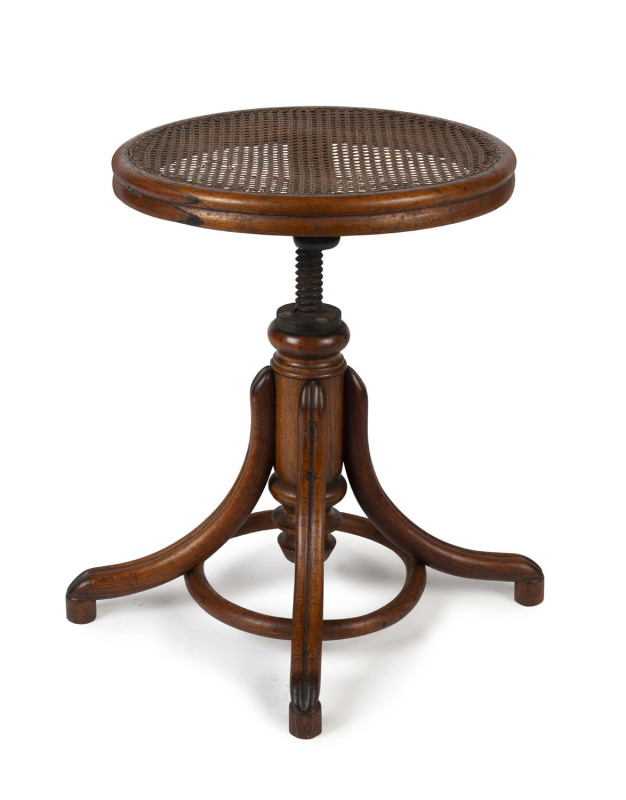 An Austrian revolving piano stool, bentwood construction with cast iron mechanism, late 19th century, 50cm high, 42cm diameter