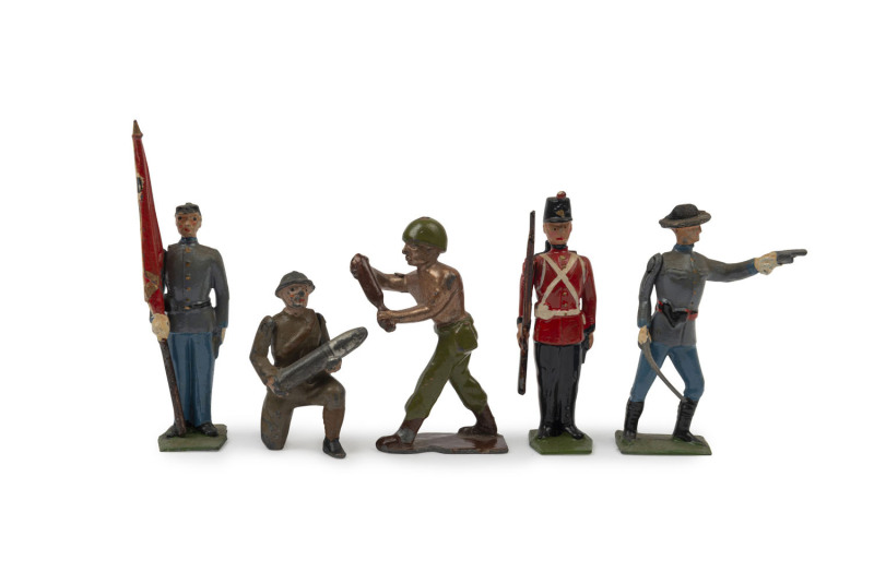 BRITAINS: - 54mm Hollow Cast Lead - Mostly Overseas Military Selection: c.1950s group of figures including Abyssinian Bodyguards (2), Egyptian, French Foreign Legion plus a French Zouave, NZ and Venezuelan; some figures with animated weapon-carrying arm.