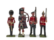 BRITAINS: - 54mm Hollow Cast Lead - Finely Painted Group of British Military Figures: including Royal Regiment of Scotland figures wearings trews (8), Scottish Bagpipe Players (3), Stretcher Bearers (2) with stretcher, Coldstream Guards with Bearskin Hats
