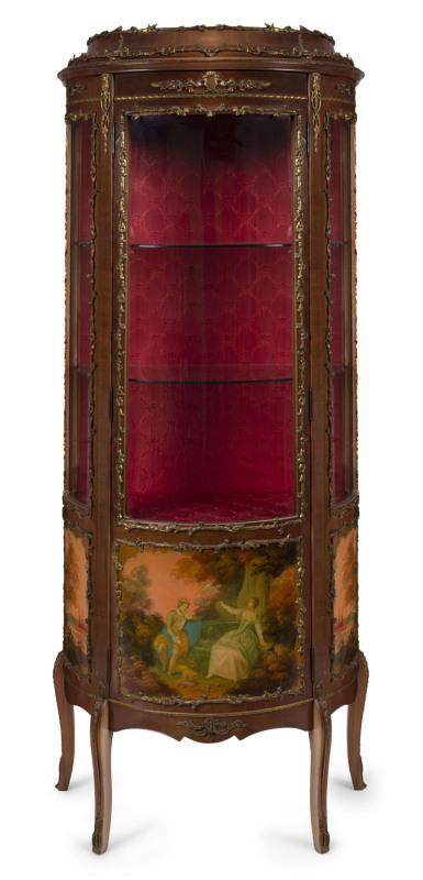 A French style demi-lune vitrine, hand-painted with gilt metal mounts, Spanish, circa 1950s, ​167cm high, 68cm wide, 35cm deep