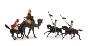 BRITAINS: - 54mm Hollow Cast Lead - Indian & Arabian Military Figures on Horseback; with Egyptian Cavalry/Lancers (12), Indian Cavalrymen (5), also Bedouins on Camel (2), all with the weapon-carrying arm articulated. (19 items)