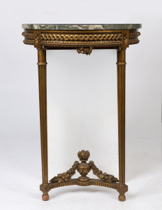 A French demi-lune console table, gilt wood with vert marble top, 19th century, 82cm high, 53cm wide, 30cm deep