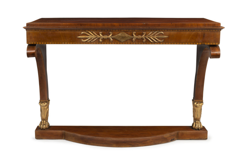 A Scandinavian Empire style console table with gilded claw feet, circa 1825, ​​17cm high, 97cm wide, 42cm deep