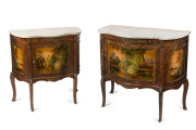 Two French style cabinets, hand-painted with gilt metal mounts and marble tops, Spanish, circa 1950s, the larger 81cm high, 93cm wide, 46cm deep