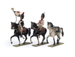 M.I.M.("Masterpieces in Miniature", Belgium): - Solid Cast Lead Figures - Napoleonic Wars Grenadiers: three Imperial Guard Officers mounted on horseback (detachable), one being a standard bearer, each inscribed on base "1r Empire/Garde Imp/Grenadiers 1804