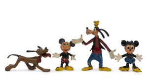 SACUL (UK): - Solid Cast Lead Figures - Disney Characters: comprising Mickey & Minnie Mouse (both with wire tails), Pluto and Goofy; all except Minnie are freestanding, and all are cast in wonderfully expressive poses; tallest Goofy at 85mm; c. early 1950