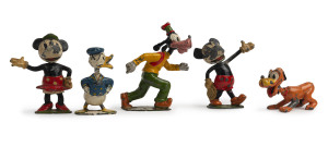 BRITAINS: - Hollow Cast Lead - Disney Characters: comprising Mickey & Minnie Mouse, Donald Duck, Goofy and Pluto; all with detachable/interchangeable heads, tallest Pluto (72mm); c.1950s. Seldom offered. (5 items)