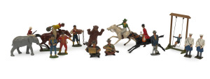 BRITAINS/TIMPO: - Hollow Cast Lead Figures - Novelty Selection: including Cowboys (& Indian) and American Frontier types incl. Cowboy tied to tree, Rodeo Riders, Captain Marvel & Captain Marvel Junior, British Huntsmen on horseback, Gypsy Caravan, Boy on 