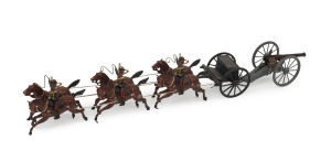 BRITAINS: - Hollow Cast Lead Figures - Royal Artillery: 19th century Royal Artillery Teams (3), each comprising 6 horses (three in each team are mounted) and a limber (one with two seated personnel), two of the teams with field guns, the third with an add