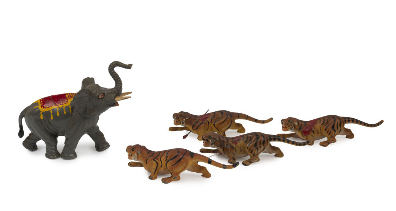 TIMPO:- Hollow Cast Lead Figures - Indian Big Game Hunting: with Bull Elephant (height 120mm), Tigers (4) three with spear wounds (two with spears lodged), Maharajah with Howdah, Native Hunters with Spears (4), and three other figures; c.1950s. Desirable