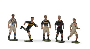 BRITAINS: - 54mm Hollow Cast Lead Figures - Footballers: 1936-41 cast figures of Footballers in various liveries including for VFL Clubs Richmond (6), Essendon & South Melbourne, plus three others which appear to be in British Association Football colours