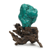 A Mongolian natural turquoise mineral specimen on timber stand, ​the specimen 22cm high, 16cm wide, 10cm deep