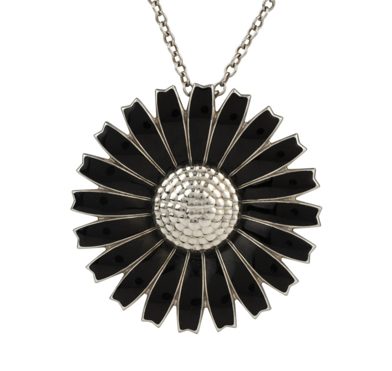 GEORG JENSEN Daisy Collection brooch/pendant, Danish sterling silver and black enamel, with silver chain, stamped "Georg Jensen, 925, S, Denmark", 4.5cm diameter