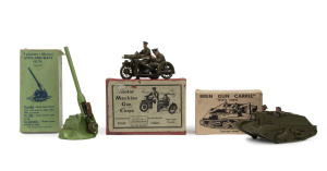 BRITAINS: - Boxed - Military Weaponry: comprising Motor Machine Gun Corps, Model No. 1793, motorcycle with machine gun mounted in sidecar, and detachable machine gun operative; Bren Gun Carrier (With 3 Crew), Model No. 1876; Anti-Aircraft Gun (2 Pounder, 