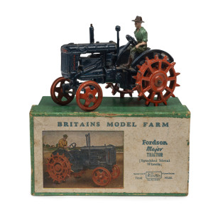 BRITAINS: - Boxed - Fordson Major Tractor: with Studded Metal Wheels and operator (damaged), Model No. 127F, tractor length 10cm, box 12 x 6.5 x 7.5cm.