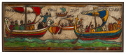 Two panels with representations of scenes from the Bayeux tapestry; The fleet sets sail under the protection of the Pope & Here both French and English fell. Impasto on board, 44 x 109cm each