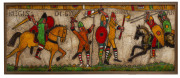 Two panels with representations of scenes from the Bayeux tapestry; The fleet sets sail under the protection of the Pope & Here both French and English fell. Impasto on board, 44 x 109cm each - 2