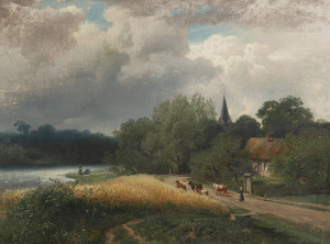 EUROPEAN SCHOOL (Village Scene), oil on canvas, c.1900, signed indistinctly at lower left, 54 x 72cm.