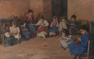 ERNST HUGO VON STENGLIN (German, 1862 - 1914), (Knitting lesson at school), c.1900, oil on canvas, signed lower left "V. Stenglin", with remnant Kunstsalon Keller & Reiner, Berlin label verso, in original Theodor Zickendraht frame. 55 x 95cm