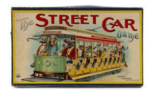 PARKER BROTHERS: "The Street Car Game", circa 1903. Illustrated box (225 x 380 x 22mm) featuring a vibrant image of the "Zebra Street, Monkeyville" street car; with game board pasted to inside lower half of box, printed rules inside lid; includes spinner 