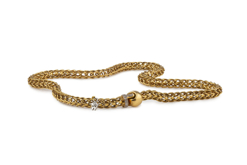 An 18ct yellow gold choker necklace with diamond set clasp, purchased from Hardy Bros. Melbourne, stamped "18ct, W", with attached white gold "W" charm, ​43cm long, 38 grams