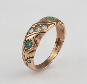 An antique 9ct rose gold ring set with emeralds and diamonds, kids size, 19th century, ​1cm diameter, 1.8 grams