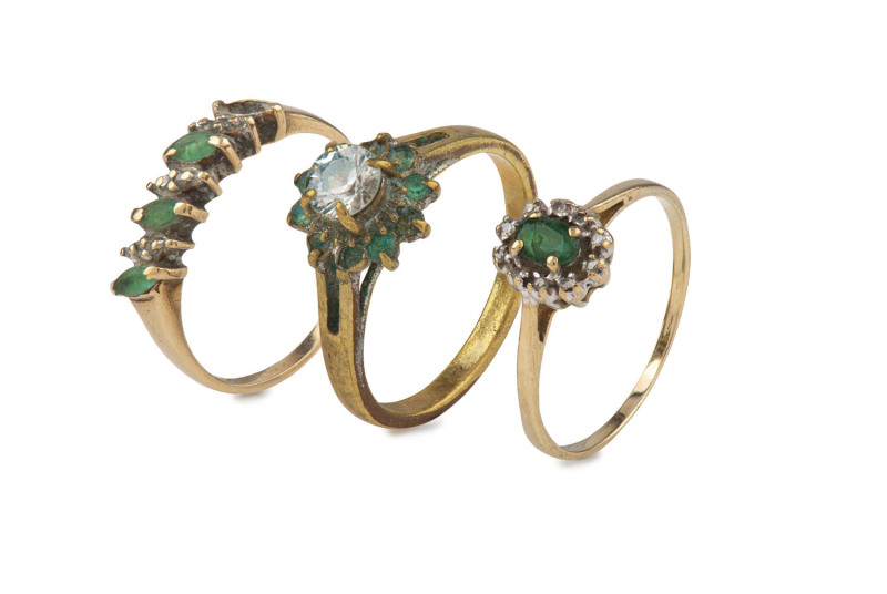 Three assorted gold rings with stones including diamonds and emeralds, 19th and 20th century, ​5.9 grams total