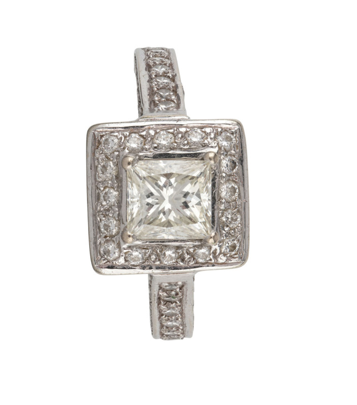 A stunning 18ct white gold ring set with a 1ct plus white diamond surrounded by diamonds in a square setting, stamped "750, 18ct", 7.5 grams total