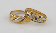 An 18ct two tone gold woven ring together with a yellow gold ring pave set with sapphires and diamonds, (2 items), ​8.2 grams total