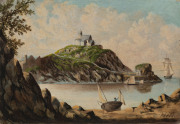 HILL, An early 19th century naive painting depicting a river estuary, a church on the hill, a fisherman tending to his sails, etc. English; done in oil on artist card, 16 x 24cm, and signed "Hill" at lower right; verso with inscription including "The Miss