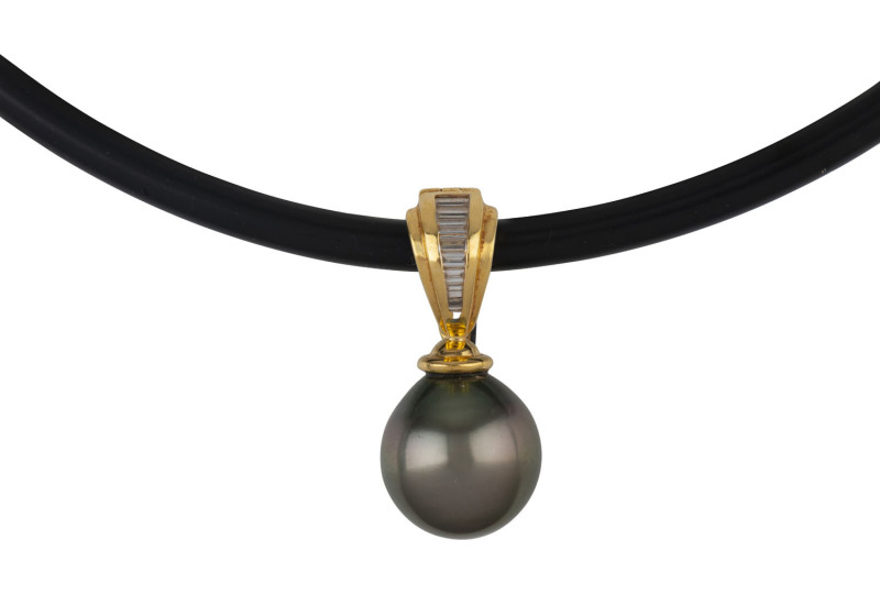 A Tahitian black pearl pendant set in two tone 18ct gold with a graduated row of baguette diamonds, suspended on black cord with an 18ct yellow gold clasp, ​pearl diameter 10mm