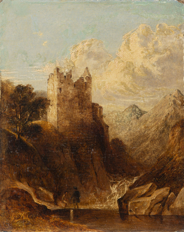 English School (Castle ruins with waterfall and mountain scenery), circa 1845, oil on artists board (Dimes & Elam, Bloomsbury), 31.5 x 25cm.