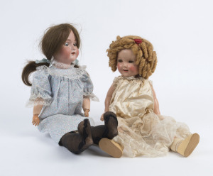 DOLLS: comprising Armand Marseille with bisque head, 21" (53cm), open mouth with upper teeth, period dress on composite body, made in Germany; also Shirley Temple doll 21" (53cm) composite doll, sleeping eyes; usual cracking/crazing and aged dress. (2 ite