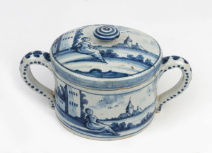 A rare Dutch Delft bowl and cover painted with figures and buildings in underglaze blue, circa 1750, 15cm high, 12cm diameter