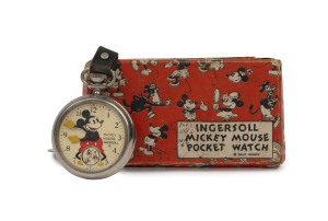 MICKEY MOUSE: Ingersoll Pocket Watch; complete with fob, and in original box; in working order; c.1935, box 11.5 x 6cm.