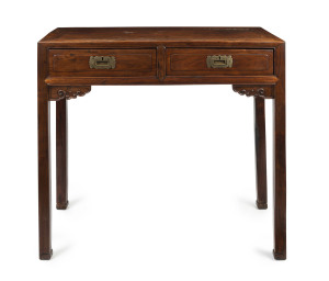 A Chinese two drawer desk, carved hardwood, early 20th century, ​83cm high, 96cm wide, 47cm deep