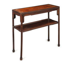 A Chinese two tier side table, elm and huanghuali, early 20th century, 77cm high, 82cm wide, 33cm deep