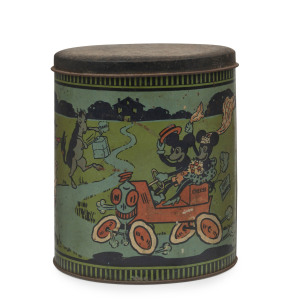 MICKEY & MINNIE MOUSE: early oval biscuit tin with lithographic illustration of Mickey & Minnie as a "Just Married" couple in automobile, c 1930s. height 15.5cm, width 14cm.