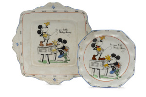 MICKEY & MINNIE MOUSE: attractively decorated plates (2). both showing Minnie playing piano with Mickey atop singing, "I'm your Little Mickey Mouse" caption alongside, made in England with "Royal Paragon, China/Mickey Mouse Series" stamp on base, c.1930s,