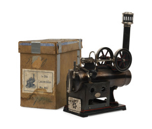 DOLL & Co STEAM ENGINE: Overtype stationary steam engine, Model No. #510, appears complete, WITH ORIGINAL BOX; c.1930s, 16 x 9cm at base, height 28cm, weight 1.43kg.