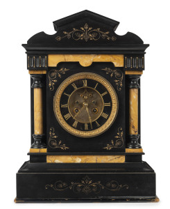 A French antique clock, two tone marble case, time and strike movement with visual escapement, 19th century, 43cm high