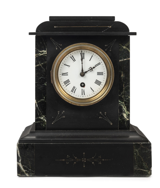 An antique French mantel clock, vert marble and black slate, timepiece only with Roman numerals, 19th century, 31cm high