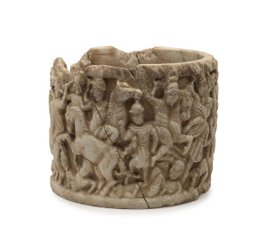 A provincial Roman carved marble pixis, decorated in high relief with Roman and Persian battle scene in the time of Emperor Valerian and King Shapur, circa 255. with accompanying certificate of Authenticity by B. C Galleries, Armadale, Victoria, 13cm high