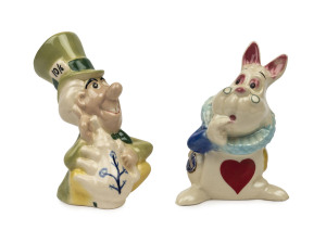 ALICE IN WONDERLAND: painted and glazed ceramic figurines of "The Mad Hatter" & "White Rabbit" by Modern Ceramic Products (Sydney), the latter retaining the MCP foil sticker, c. late 1940s, tallest 14cm.