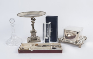 A silver plated centrepiece, biscuit barrel and carving set together with a ship's decanter and a crystal vase (5 items), the centrepiece 30cm high