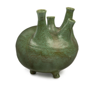 ARTIST UNKNOWN bulbous pottery stem vase with four necks, 20th century, signed "J. W", 24cm high