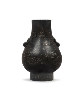 A Chinese bronze vase with ornate silver inlay, Ming Dynasty, 16th century, 7cm high