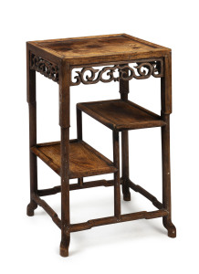 A Chinese hardwood three tier occasional table, circa 1900, 73cm high, 45cm wide, 33cm deep