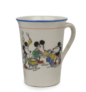 MICKEY MOUSE CERAMIC CUPS: illustrated tall teacup (cracks) captioned "Now where is that horrid Cat", stamped on base 'Royal Paragon China'; another tall cup showing Mickey & Friends playing musical instruments, stamped "Superior/Made in Japan"; also a mi